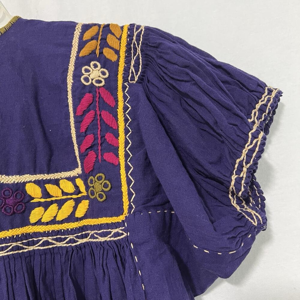 Handmade Folk Mexican Embroidered Blouse Large Purple Floral Top Pleated - Picture 6 of 10